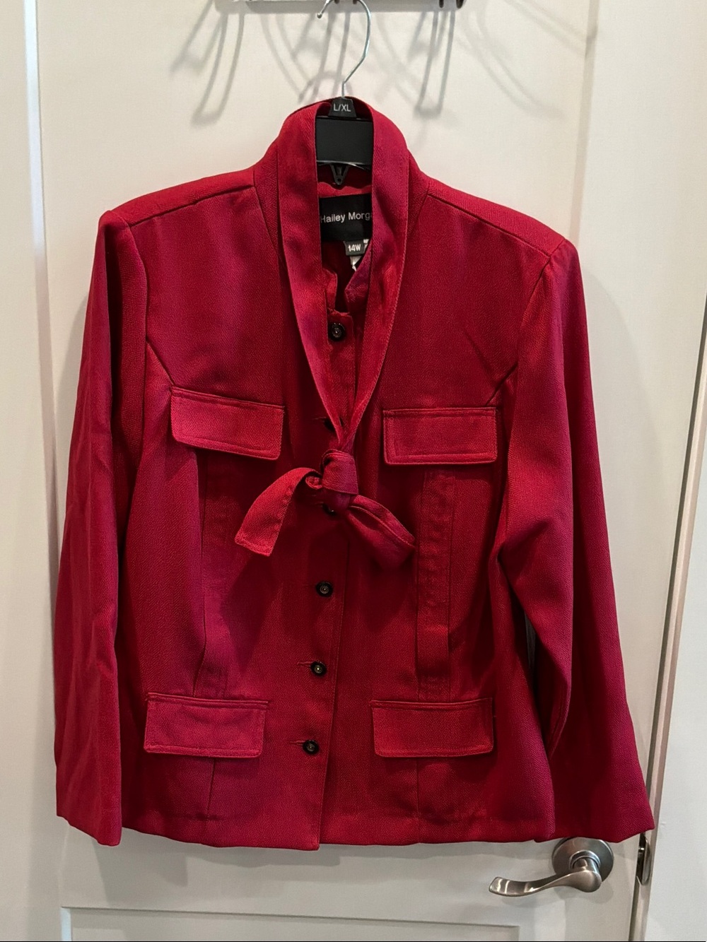 Hailey Morgan Size 14W Women's Red Burgundy Tie-Neck Blazer With Belt DryCleaned
